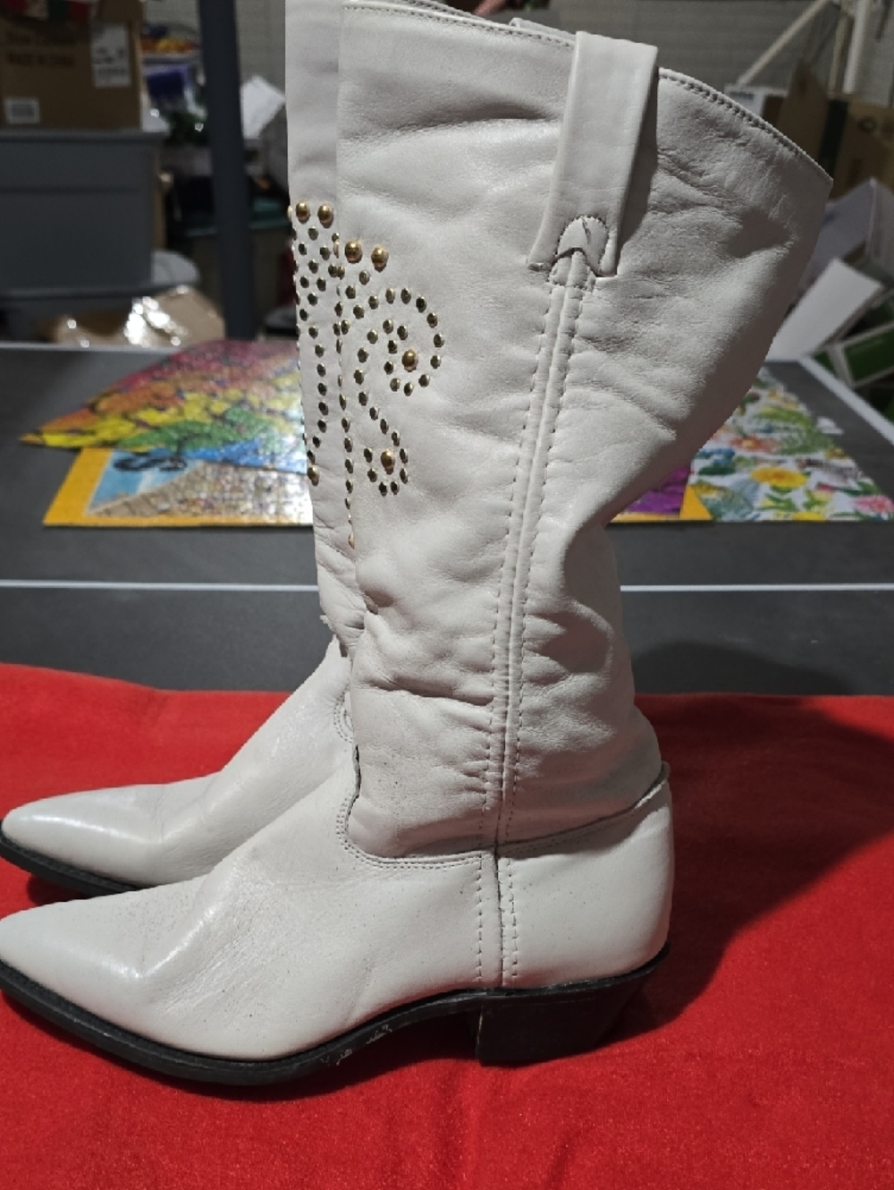 Wrangler White Leather Over-The-Knee Boots with Gold Stud Accents - Picture 4 of 7